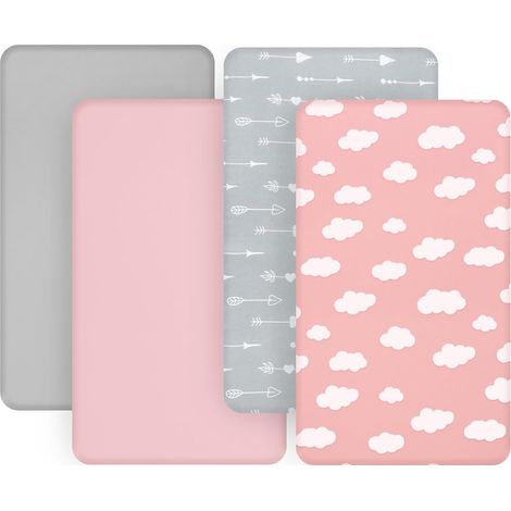 Juego de 4 sábanas ajustables para minicuna, unisex - Sábanas de microfibra transpirables y suaves para bebé, disponibles en gris y rosa. (1/5)
