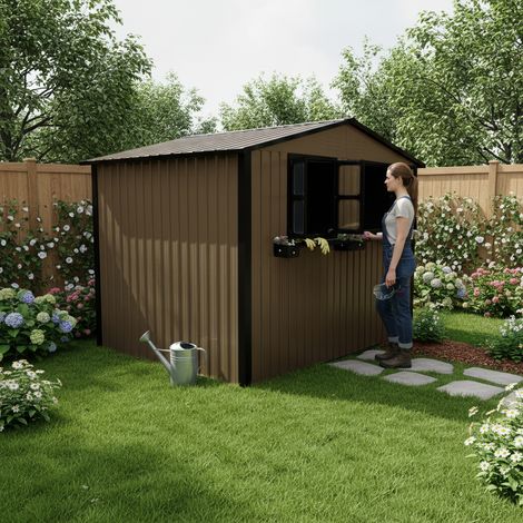 Gartenhaus aus verzinktem Stahl, 4,33 m², braun-schwarz, mit doppelt abschließbarer Tür, 2 zu öffnenden Fenstern und Blumenregal