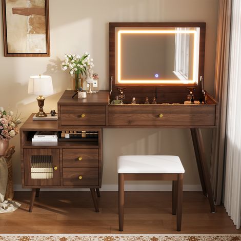 Coiffeuse avec miroir LED rabattable 120x50x77.5 cm, bureau 2 en 1, 3 tonalités, plateau extensible, 3 tiroirs, tabouret, MDF-Noyer (1/5)