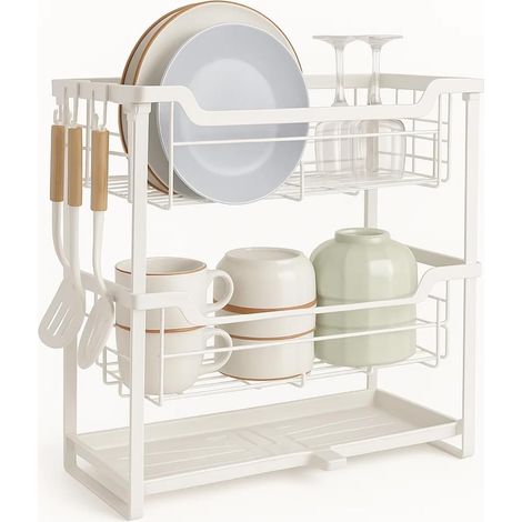 YORKING Abtropfgestell Geschirr, 2-stufiges Geschirrkorb über der Spüle Geschirrtrocknungsregal Geschirr Schalenregal mit Abflussbrett Utensilienhalter Abtropfschale für Küchentheke Spüle Organizer (W (1/5)