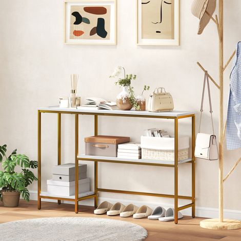 Console meuble 120 cm. table console 3 niveaux avec étagères de rangement. plateaux imitation marbre. blanc et doré
