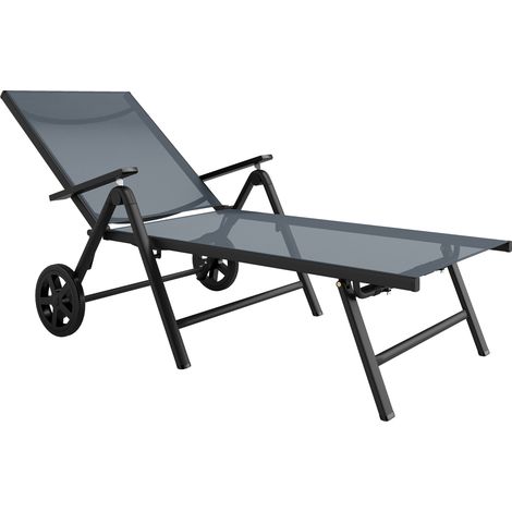 Folding Sun Lounger with Wheels, 5-Position Adjustable Garden Chaise Lounge Sunbed with Armrests, Metal Frame Outdoor Portable Reclining Chair for Beach, Porch, Grey (1/5)