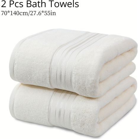 Filiyano-Lot de 2 serviettes de bain en coton rayé blanc 70 x 140 cm, 400 g/m² (1/5)