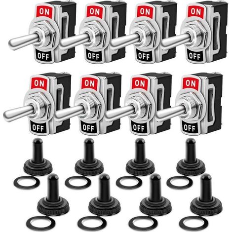 Lot de 8 interrupteurs à bascule avec capuchon étanche, 10 A 12 V CC / 6 A 24 V CC, interrupteur SPST à 2 broches pour voiture, camion, bateau et applications marines (noir) (1/5)