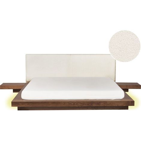 Lit Moderne Futon Double 180 x 200 cm avec Tables d'Appoint Tête de Lit à LED Bouclé MDF Bois de Frêne Marron Zen