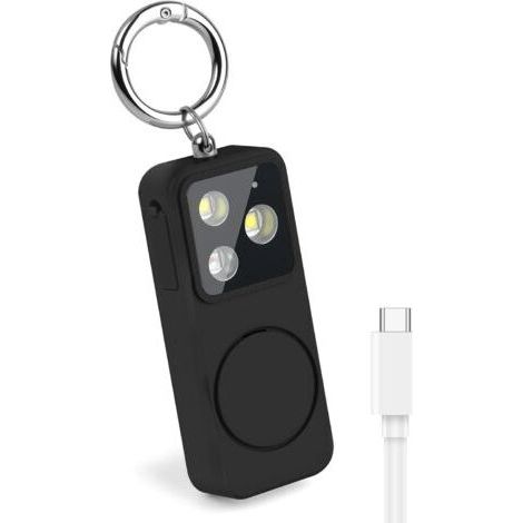 Alarme personnelle avec lumière LED, sonnerie de 150 décibels, alarme sifflet, lampe torche puissante, alarme de poche, noire. (1/5)