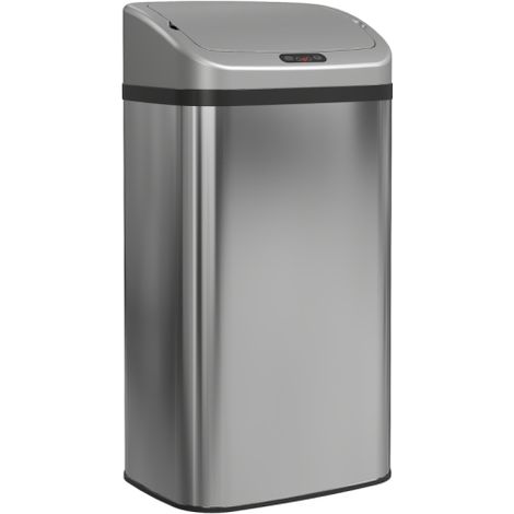Poubelle de 48 L à capteur, fermeture automatique, en acier inoxydable argenté, idéale pour la cuisine ou le bureau. (1/4)