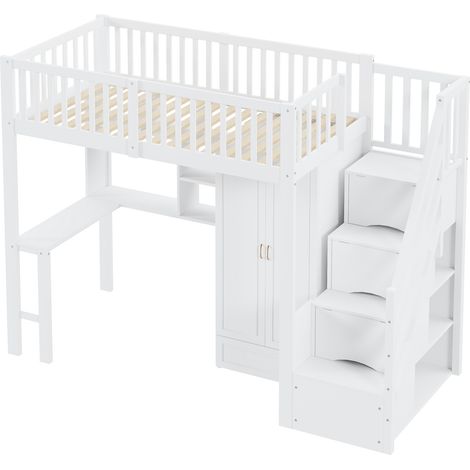 Cama alta 90 x 200 cm blanca con armario, escritorio, estantería y escalera de almacenaje (1/5)