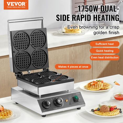Gaufrier Commercial 1750 W, Appareil à Gaufres Rondes Capacité 4PCs, en Acier Inoxydable, Antiadhésif, avec Contrôle de la Températ… (1/5)
