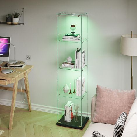 Vitrine 39.8 x 35 x 163 cm à 4 Étagères avec Éclairage LED et Porte Simple, Verre Trempé et Métal, Noir