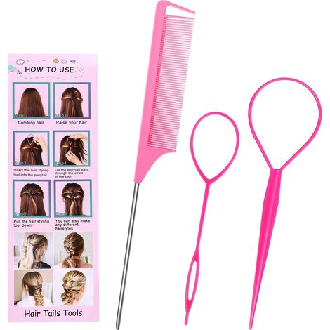 Ensemble de 3 outils de coiffure, accessoires de coiffure, outils de tressage, aides à la coiffure pour chignons et torsades, rose, pour femmes et filles (1/5)