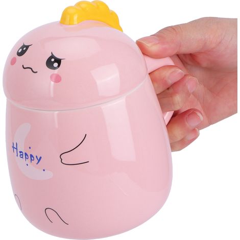 Mug en Céramique Rose 450ml avec Couvercle et Cuillère - Idée Cadeau, Bureau ou Maison (1/5)