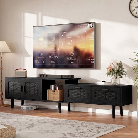 Meuble TV Bois, Meuble TV en Rotin avec 2 Porte, 2 Tiroirs et 1 Compartiments, Meuble Tele Extensible 146–180 cm pour Salon ou Chambre, Noir