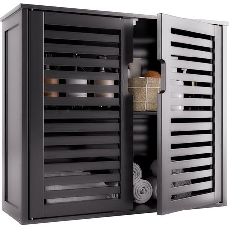 Armoire Murale Noir, Armoire à Pharmacie Bambou avec Étagère Réglable, Meuble de Rangement Suspendu pour Salon, Cuisine ou Couloir (1/5)
