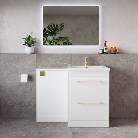 Napoli 460 Gloss White 1100mm 2 Drawer Vanity Unit Toilet Suite with Glide Basin - 1100mm - Brushed Brass 320mm HandleWithout Kingston Toilet Pan