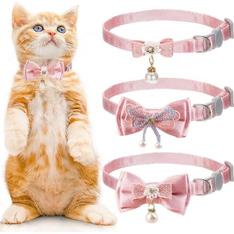 Bonito conjunto de collares rosas para gatos (3 piezas), collares ajustables con lazos y cuentas, adecuados para perros y gatos pequeños, collares de seguridad para mascotas. (1/5)