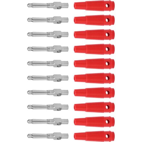 Lot de 10 fiches banane mâles empilables 4mm cuivre 7 broches 1000V 32A avec manchons souples vissables rouges (1/5)