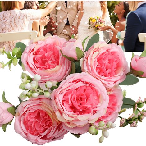 3 bouquets de 5 roses persanes artificielles, rose foncé, pour mariage, mariage, salon ou décoration intérieure. (1/5)