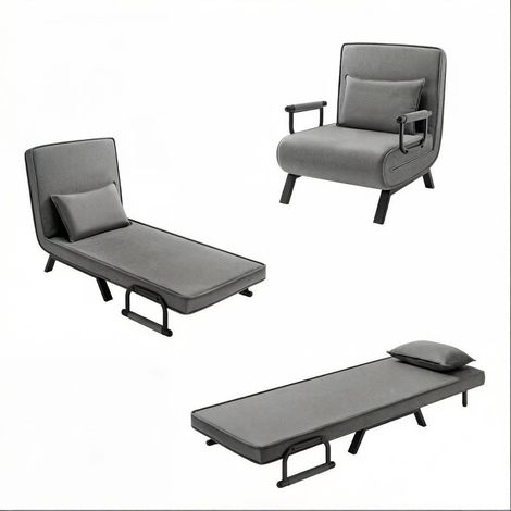 Sedia letto pieghevole 3 in 1 grigio scuro in lino e metallo con cuscino (1/5)
