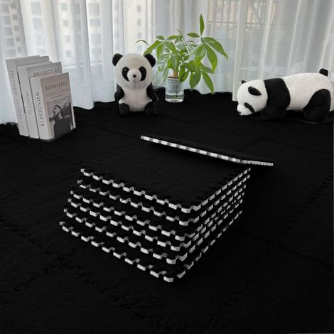 Lot de 12 dalles de sol emboîtables en mousse en peluche pour salon, chambre à coucher, dalles de sol en mousse emboîtables pour jeu (noir, 30 cm x 30 cm x 1,25 cm) (1/5)