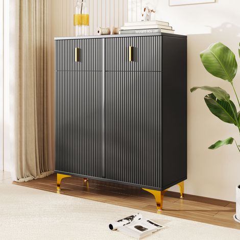 Buffet haut 2 portes 2 tiroirs 3D 83x35x101 cm noir et doré