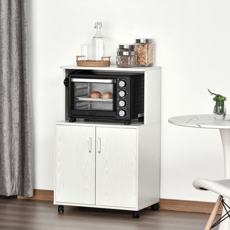 Meuble de cuisine polyvalent avec roues, placard et étagère pour micro-ondes, haute credence en panneaux de particules de bois, 60,4x40,3x97 cm, blanc (1/5)