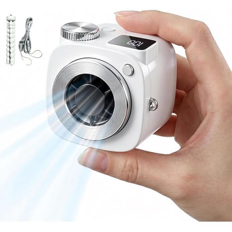 Mini ventilateur portable pour appareil photo, ventilateur de cou rechargeable à 199 vitesses avec batterie 2000 mAh, idéal pour les voyages (blanc). (1/5)