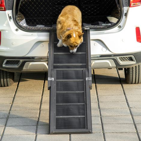 Rampa plegable de madera para perros con superficie antideslizante y asa lateral, 43x165x6,5 cm, negra.