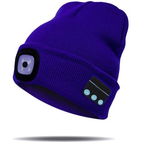 Bonnet Bluetooth avec lampe frontale LED rechargeable, chaud et tricoté, idéal pour l'hiver. (1/3)