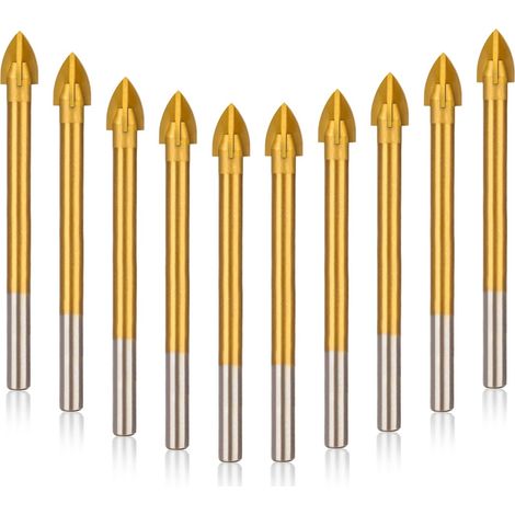 Kit di punte per muratura da 10 pezzi, set di punte per trapano in carburo di vetro rivestito in titanio per cemento, pietra, taglienti, punta a croce per vetro, mattoni, piastrelle, plastica, ceramic (1/5)