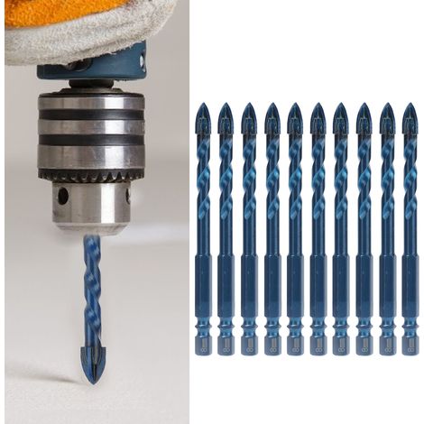 Lot de 10 forets en céramique à tige hexagonale et tête cruciforme pour percer les carreaux de céramique, le béton, le bois et le verre bleu foncé, diamètre du trou de 8 mm. (1/5)