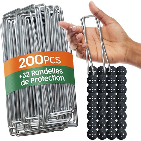 200 Agrafes De Jardin, Acier Galvanisé, 32 Rondelles, Pour Toile Et Gazon, Sol Dur (1/5)