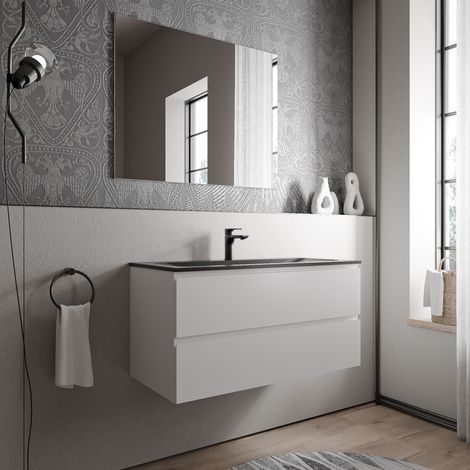 Unterschrank Bernstein AVA 100 cm mit Mineralguss Waschbecken BRUXELLES - Badmöbelfarbe Weiß matt, Waschbecken Schwarz matt mit Hahnloch