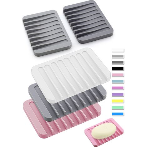 MINKUROW - Jabonera De Silicona Con Drenaje Automático, Caja De Almacenamiento De Jabón Seco, Bandeja De Jabón Con Forma De Peine Para Ducha, Baño, Cocina, Color Rosa, 4 Unidades (1/4)