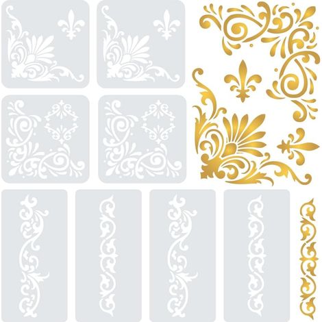 Lot de 8 pochoirs de bordure d'angle pour travaux manuels, motif floral vintage, pochoirs réutilisables damassés pour meubles pour peinture sur bois, mur, toile, papier, tissu, sol, loisirs (1/5)