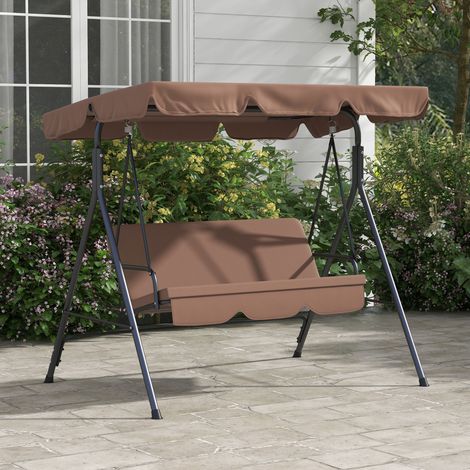 Balancelle de jardin 3 places en acier marron avec toit pare-soleil réglable et assise rembourrée (1/5)