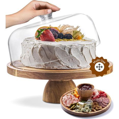 Présentoir à gâteaux en bois d'acacia avec couvercle - Présentoir à gâteaux rond de 30 cm, ensemble de présentation de desserts 2 en 1 pour fromages, chips et trempettes, nachos et plateau de fruits (1/5)