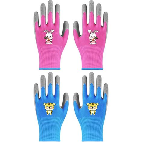 Deux paires de gants de jardinage en caoutchouc et de gants de travail pour enfants — protection polyvalente pour hommes et femmes (rose et bleu) (1/5)