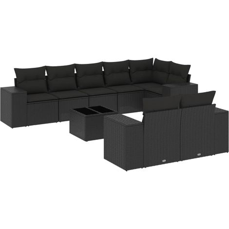 vidaXL Set Divani da Giardino 9 pz con Cuscini Nero in Polyrattan (1/5)