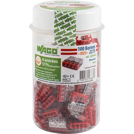 Wago – Pot de 100 mini bornes de connexion automatique 4 entrées – PUSH WIRE® pour câbles 0.5 à 2.5 mm² – Tension 450V – Courant 24A (1/4)