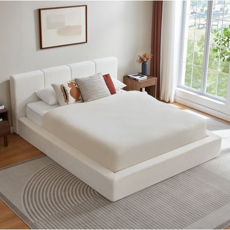 Estructura de cama 160/200 cm blanca crema con cabecero acolchado y soporte reforzado (1/5)