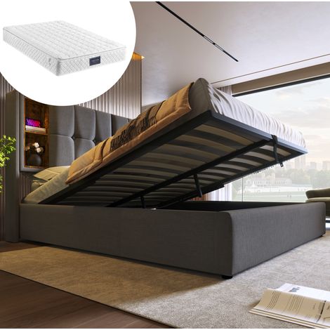 Bettgestell 140x200 cm grau aus Baumwolle mit Stauraum, kabellosem Laden und USB-C (1/5)