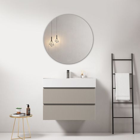 Mobile bagno sospeso cannettato 80 cm Grigio Cenere Lavabo in Resina Specchio Tondo - Fiji Paint (1/4)