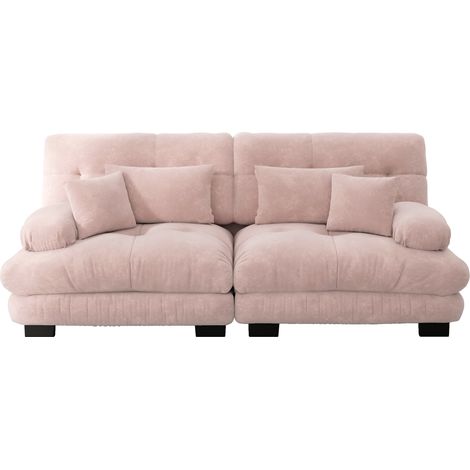 Canapé d'angle en chenille rose avec cadre en bois massif, 2 coussins lombaires et 2 coussins déco (1/5)