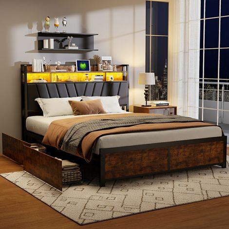 Lit 180x200 avec sommier à lattes et 4 tiroirs, cadre de lit led avec usb, tête lit avec rangement double étagère, 2 places pour adultes,noir (1/5)