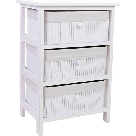 Cajonera blanca de madera con 3 cajones de bambú forrados 40x29x58 cm (1/5)