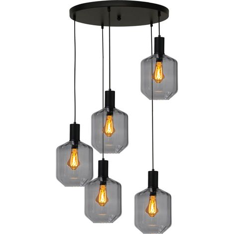 Suspension loft 5 lumières - noire - Porto avec des verres à fumée Jagger - 2712-05-05-50-5-11