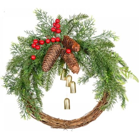Guirlande De Noël - 40 Cm - Feuillage Artificiel Mixte Baies Et Pommes De Pin Avec Clochettes - Pour Porte D Entree Ou Mur Interieur - 1 Piece (1/5)