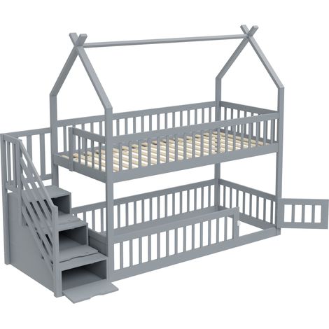 Lit superposé enfant 90 x 200 cm en bois massif avec toit, escalier de sécurité et tiroirs de rangement, lit enfant simple avec rangement, gris (1/5)