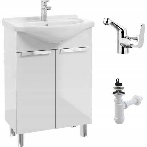 STAMAR  Meuble de Salle de Bain 60 cm - Blanc Brillant - Avec Lavabo et Robinet Chromé - Pratique et Compact